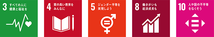 3 すべての人に健康と福祉を 4 質の高い教育をみんなに 5 ジェンダー平等を実現しよう 8 働きがいも経済成長も 10 人や国の不平等をなくそう