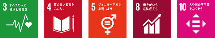 3 すべての人に健康と福祉を　4 質の高い教育をみんなに　5 ジェンダー平等を実現しよう　8 働きがいも経済成長も　10 人や国の不平等をなくそう