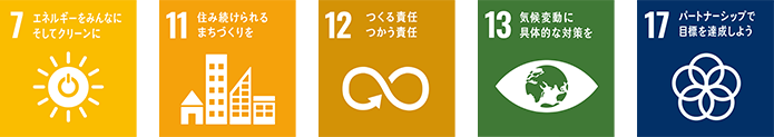 7 エネルギーをみんなにそしてクリーンに 11 住み続けられるまちづくりを 12 つくる責任 つかう責任 13 気候変動に具体的な対策を 17 パートナーシップで目標を達成しよう