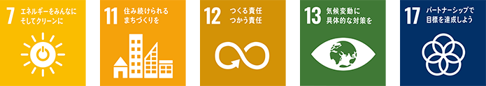 7 エネルギーをみんなにそしてクリーンに　11 住み続けられるまちづくりを　12 つくる責任 つかう責任　13 気候変動に具体的な対策を　17 パートナーシップで目標を達成しよう