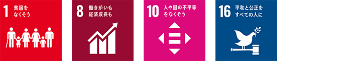 1 貧困をなくそう　8 働きがいも経済成長も　10 人や国の不平等をなくそう　16 平和と公正をすべての人に